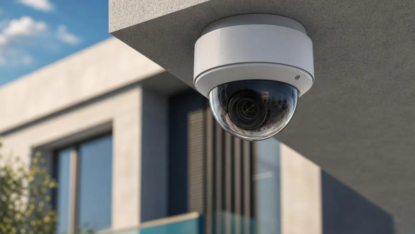 Εικονογράφηση AI δικτυακής κάμερας dome τοποθετημένης σε εξωτερικό τοίχο κτιρίου.