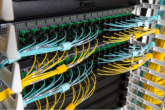 Συνδέσεις οπτικών ινών Panduit σε rack.
